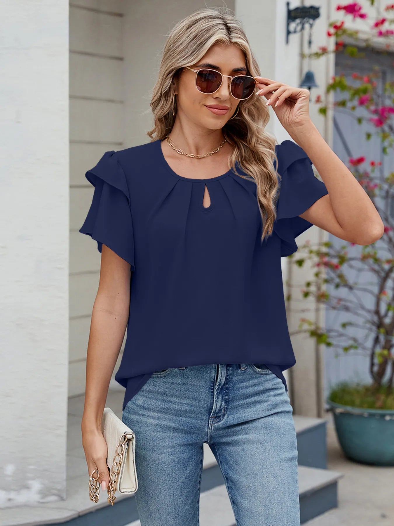 Round Neck Ruffled Layered Sleeve Blouse Navy Blue