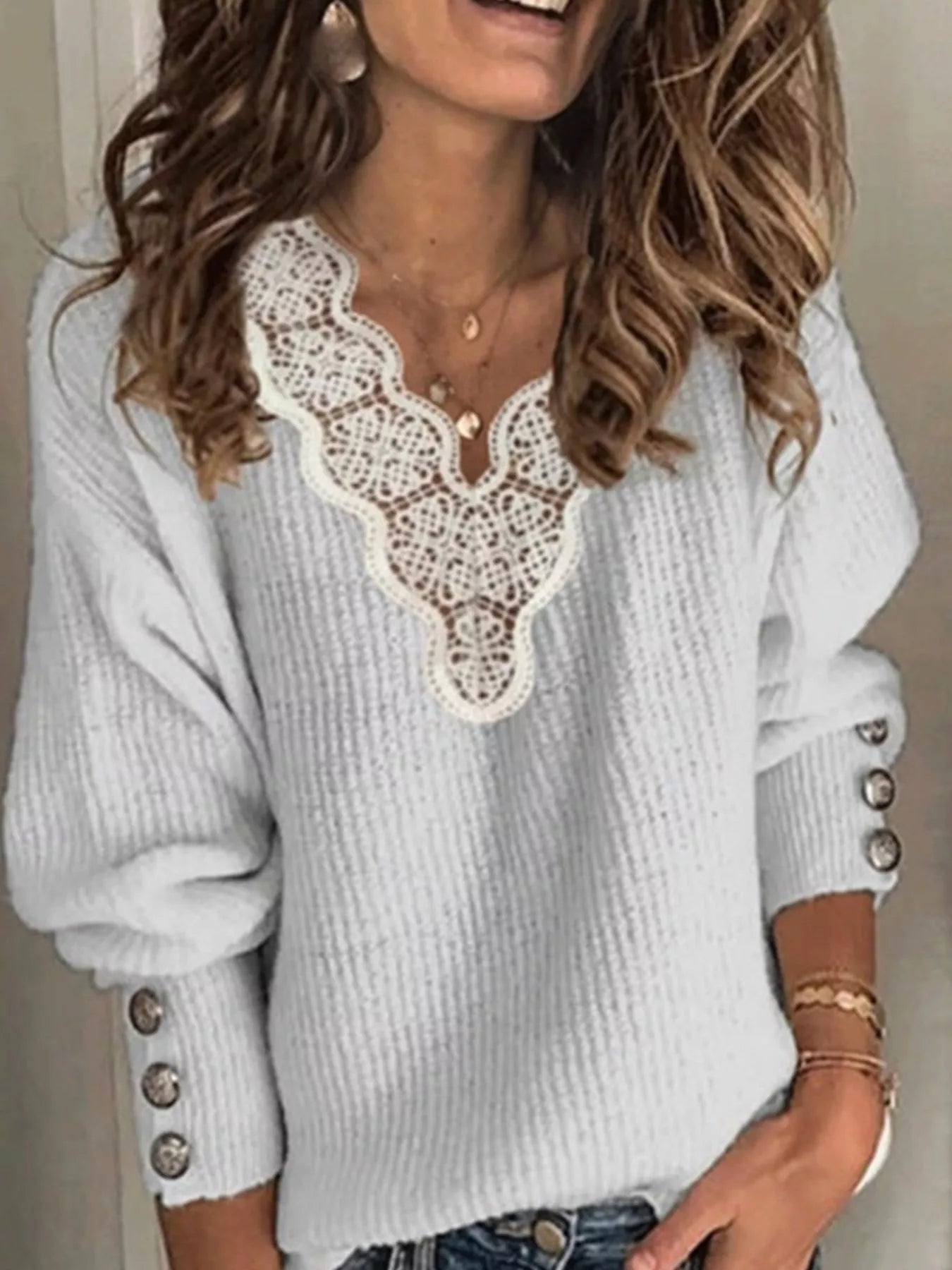 Full Size Lace Trim V-Neck Sweater Plus Size Grey