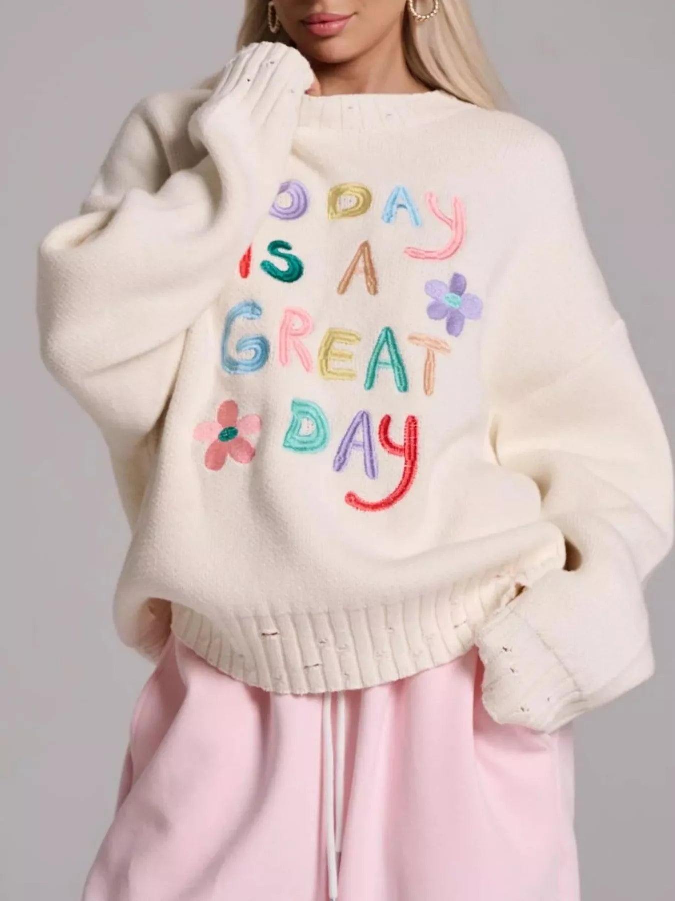 Embroidered 'Great Day' Dropped Shoulder Sweater Cream
