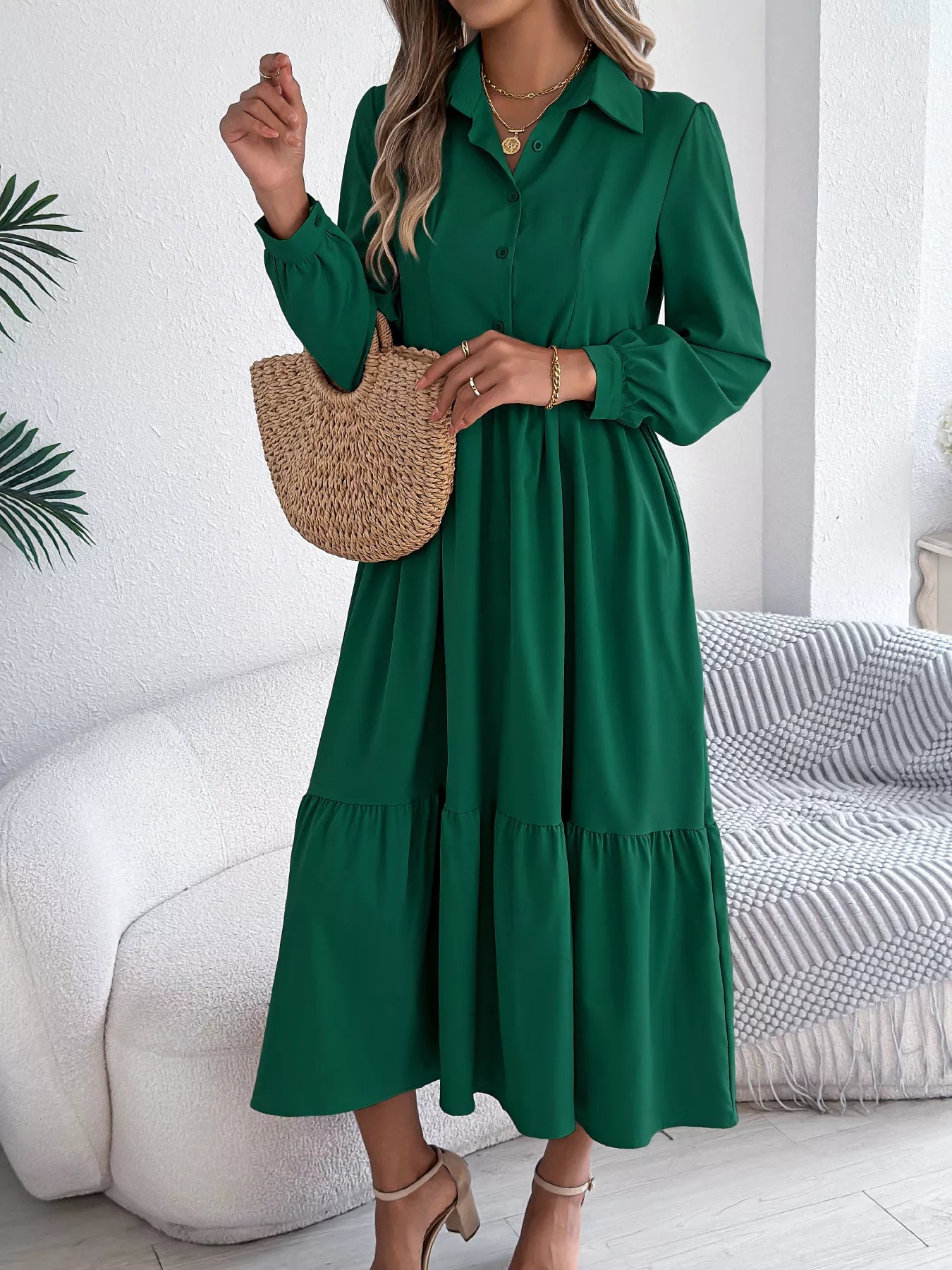 Long Sleeve Tiered Button Front Midi Dress