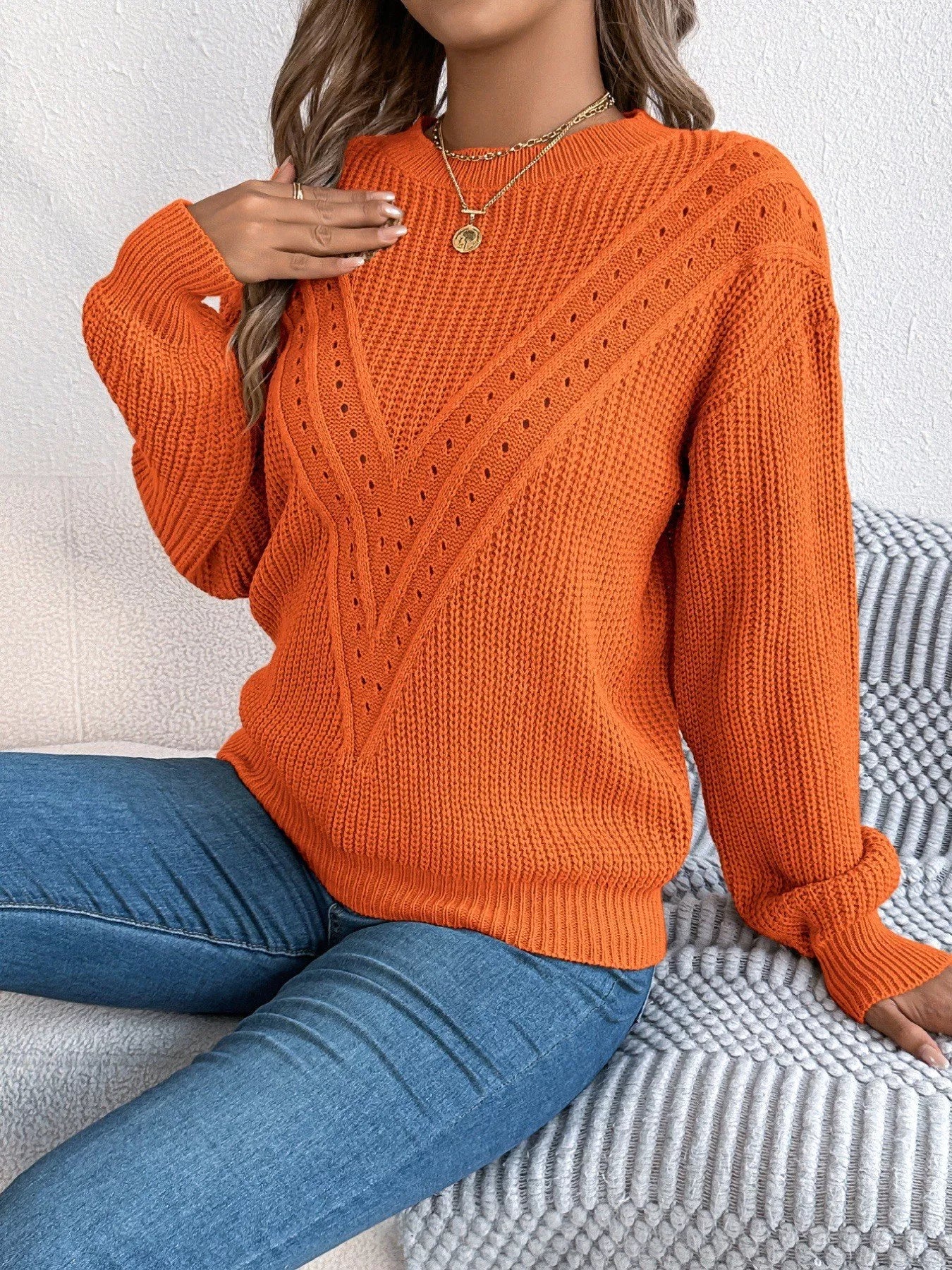Openwork Round Neck Sweater