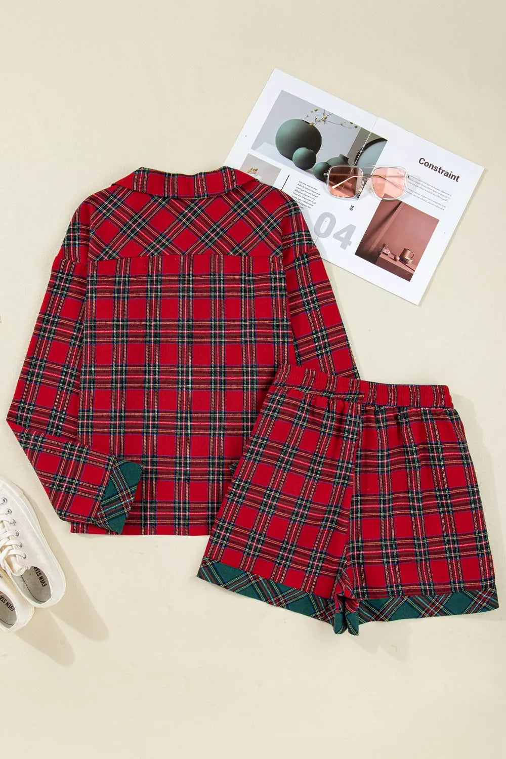 Plaid Contrast Patched Christmas Holiday Long Sleeve Shirt and Short 2pcs Pajama Set