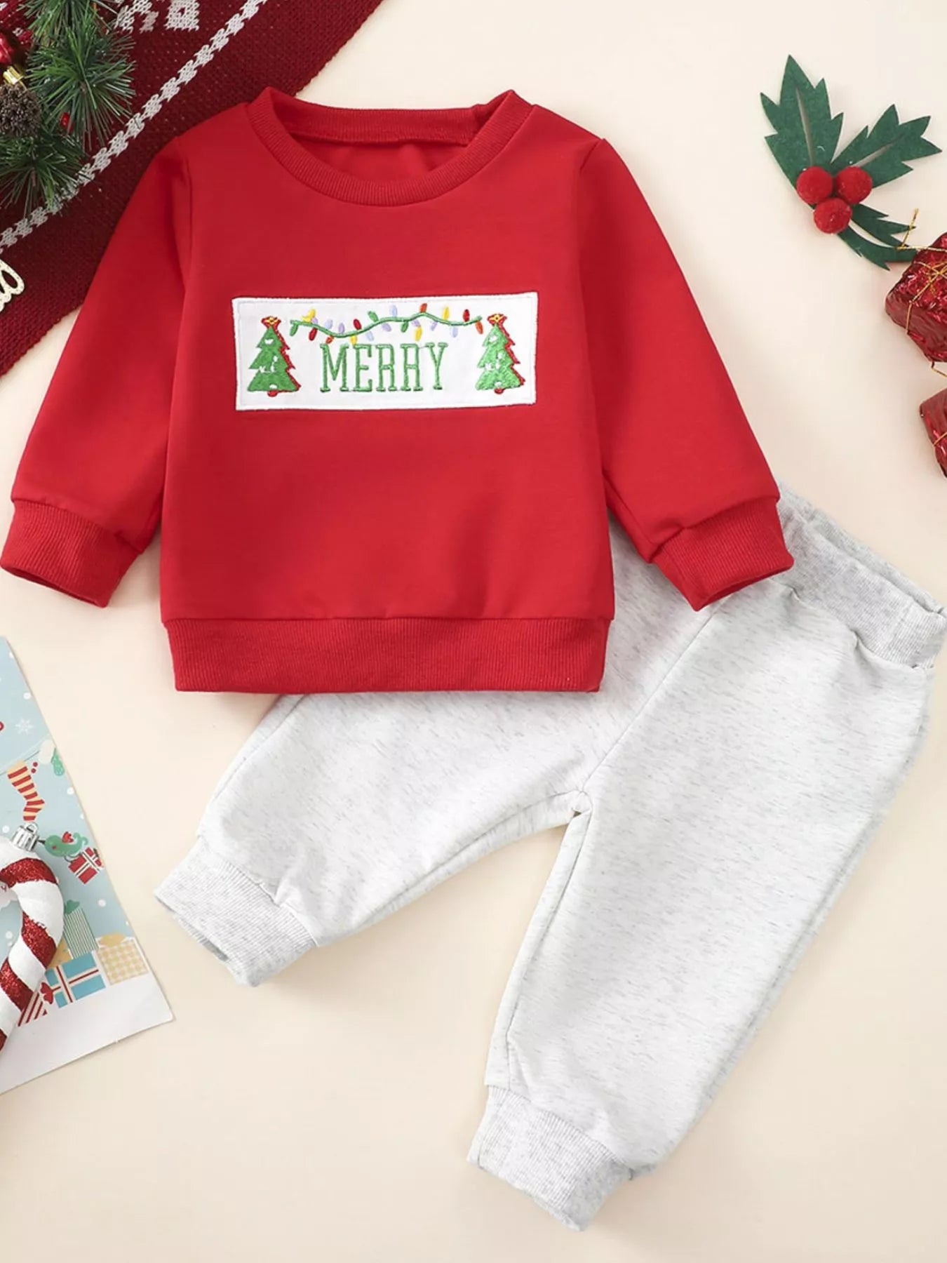 Children's Christmas Tree Sweatshirt & Pants Set Deep Red