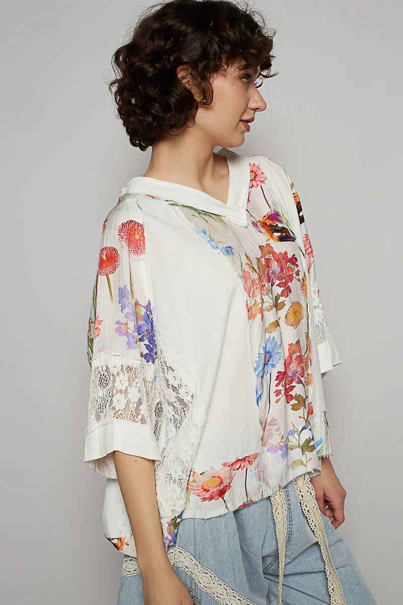 POL Floral V-Neck Raw Edge T-Shirt with Lace Detail