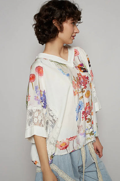 POL Floral V-Neck Raw Edge T-Shirt with Lace Detail