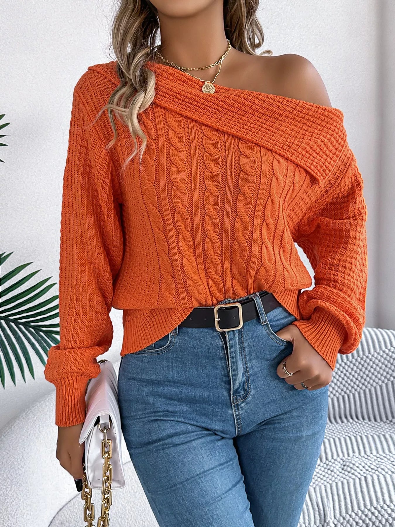 Off-Shoulder Cable Knit Sweater