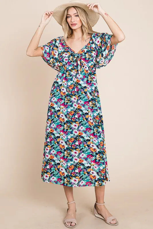 Lime 'N' Chili Floral Print Sweetheart Neck Tie Front Midi Dress