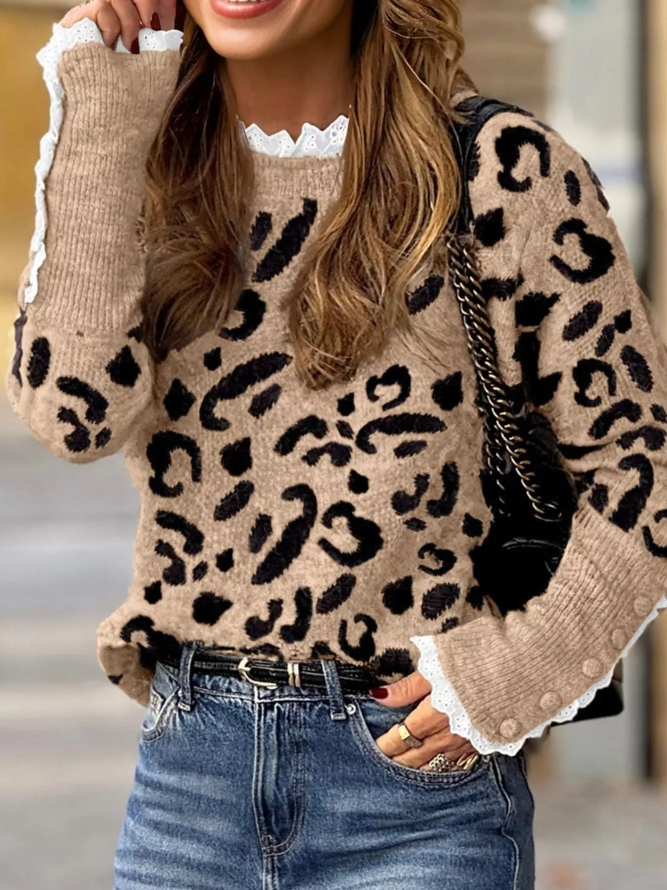 Leopard Pattern Lace Ribbed Detail Button Cuffed Sweater Leopard