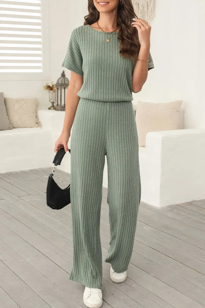 Ribbed Short Sleeve Wide Leg Jumpsuit Sage