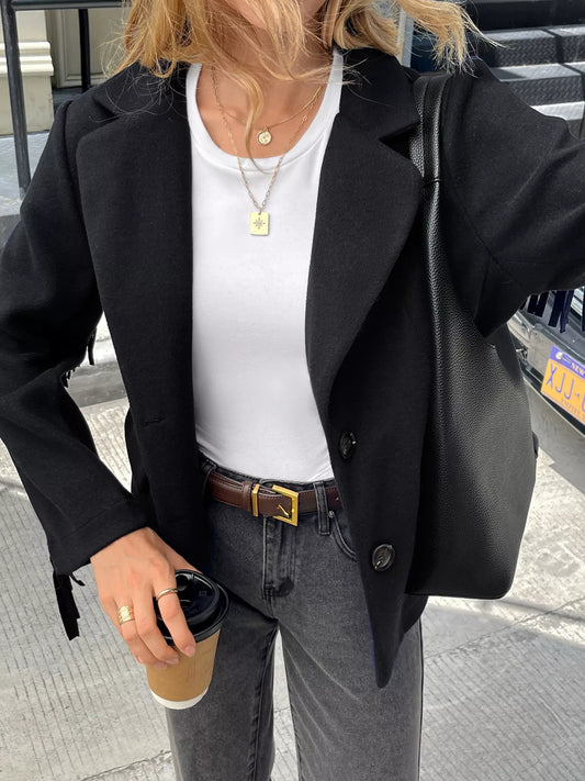 Fringe Lapel Collar Button Up Cropped Blazer Black