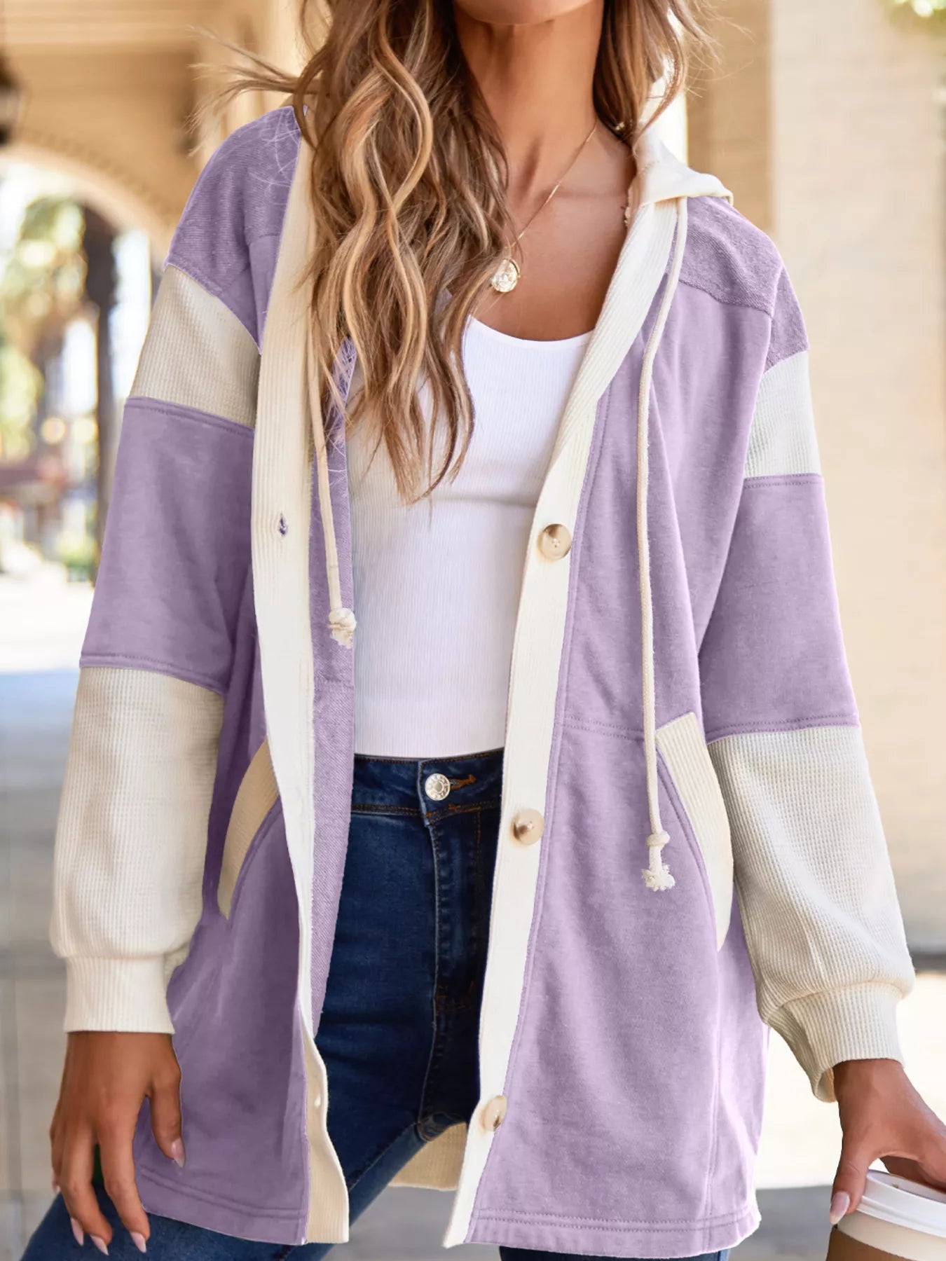 Waffle Contrast Knit Color Block Patchwork Button Front Oversize Hoodie Lavender
