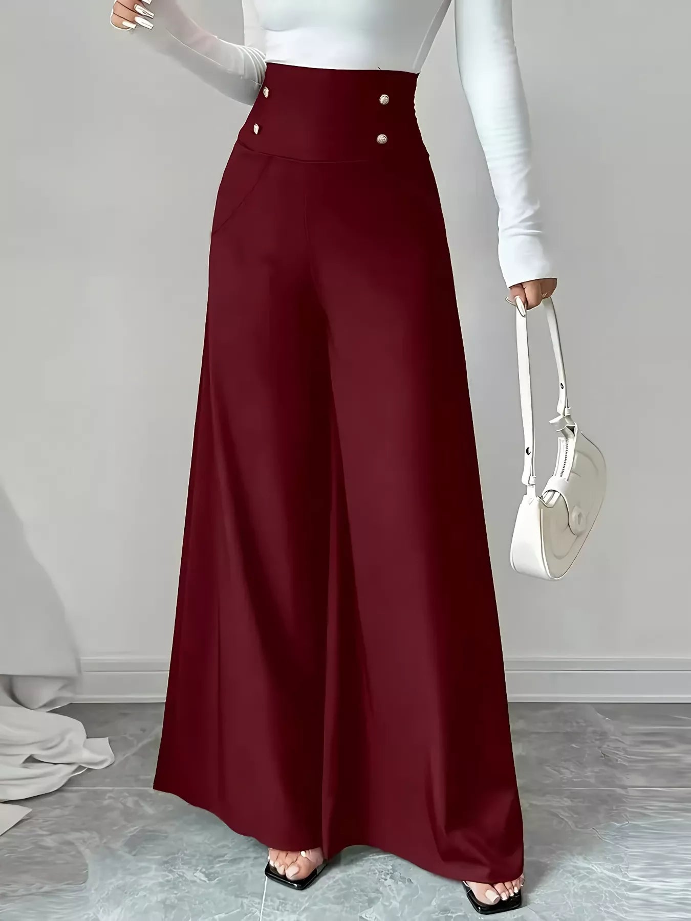 High Waist Wide Leg Button Decor Pants Burgundy