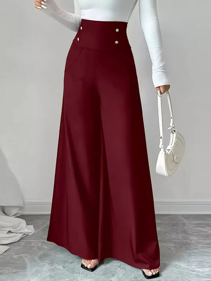 High Waist Wide Leg Button Decor Pants Burgundy