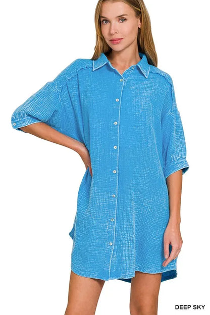 Zenana Washed Double Gauze Button Down Shirt Dress DEEP SKY