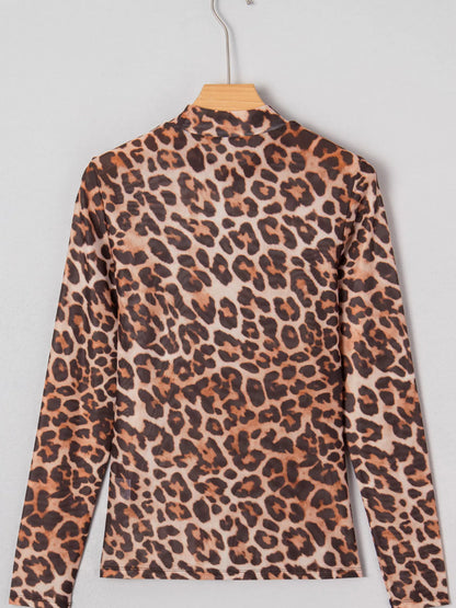 Leopard Mock Neck Long Sleeve Mesh Top