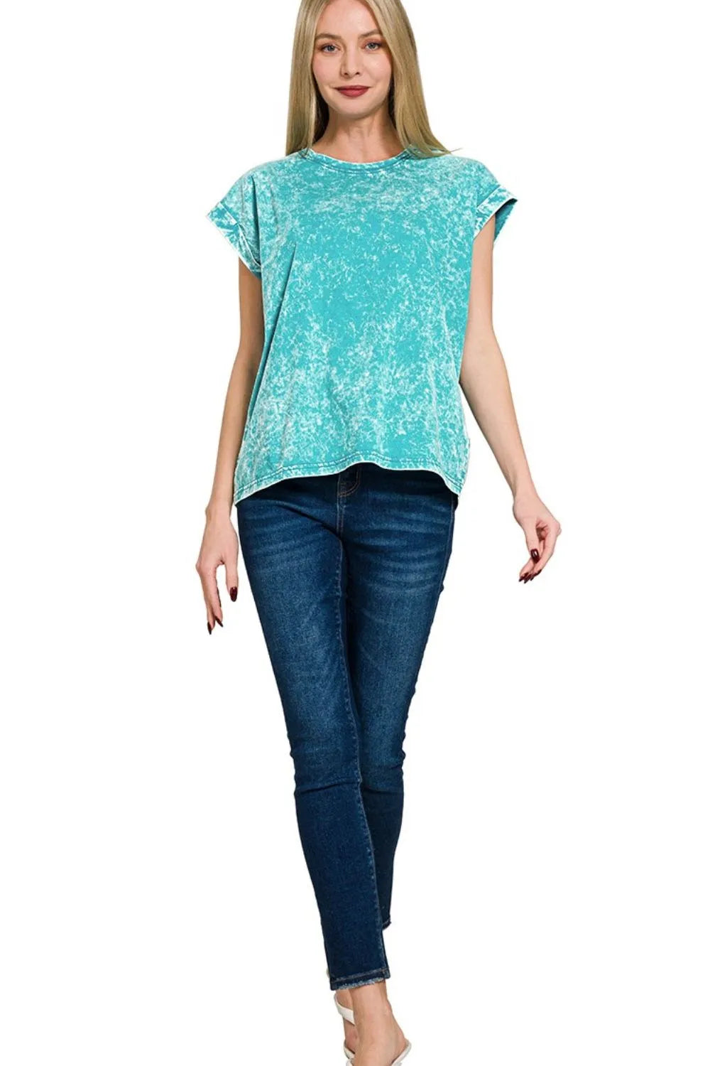 Zenana Crinkle Washed Round Neck Folded Short Sleeve Tee