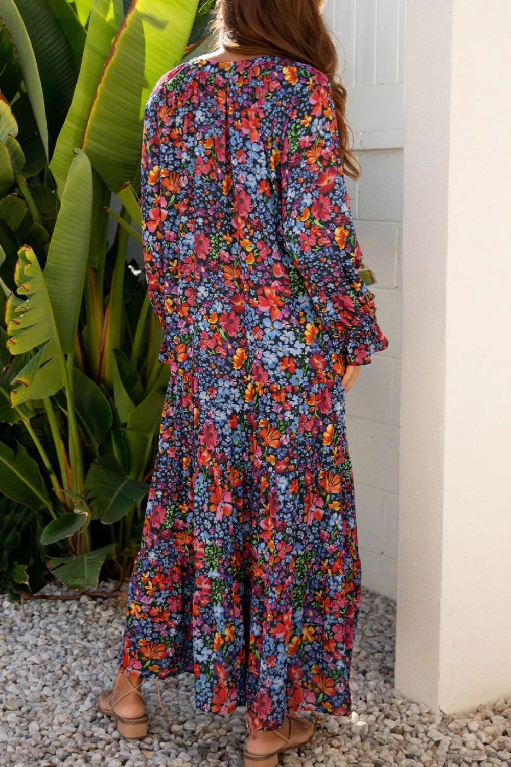Floral Notched Flounce Sleeve Maxi Dress