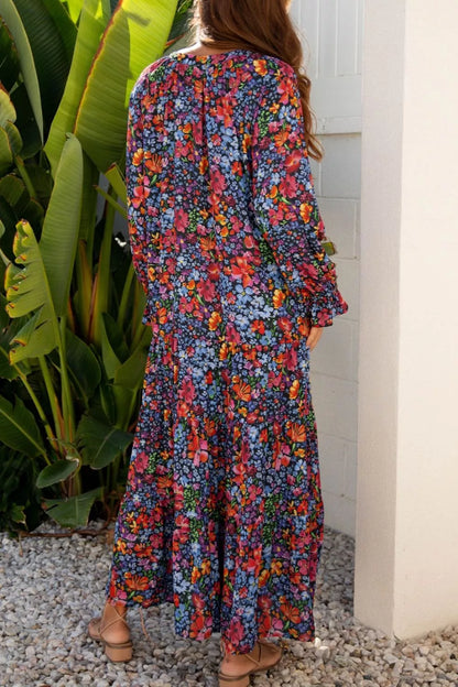 Floral Notched Flounce Sleeve Maxi Dress