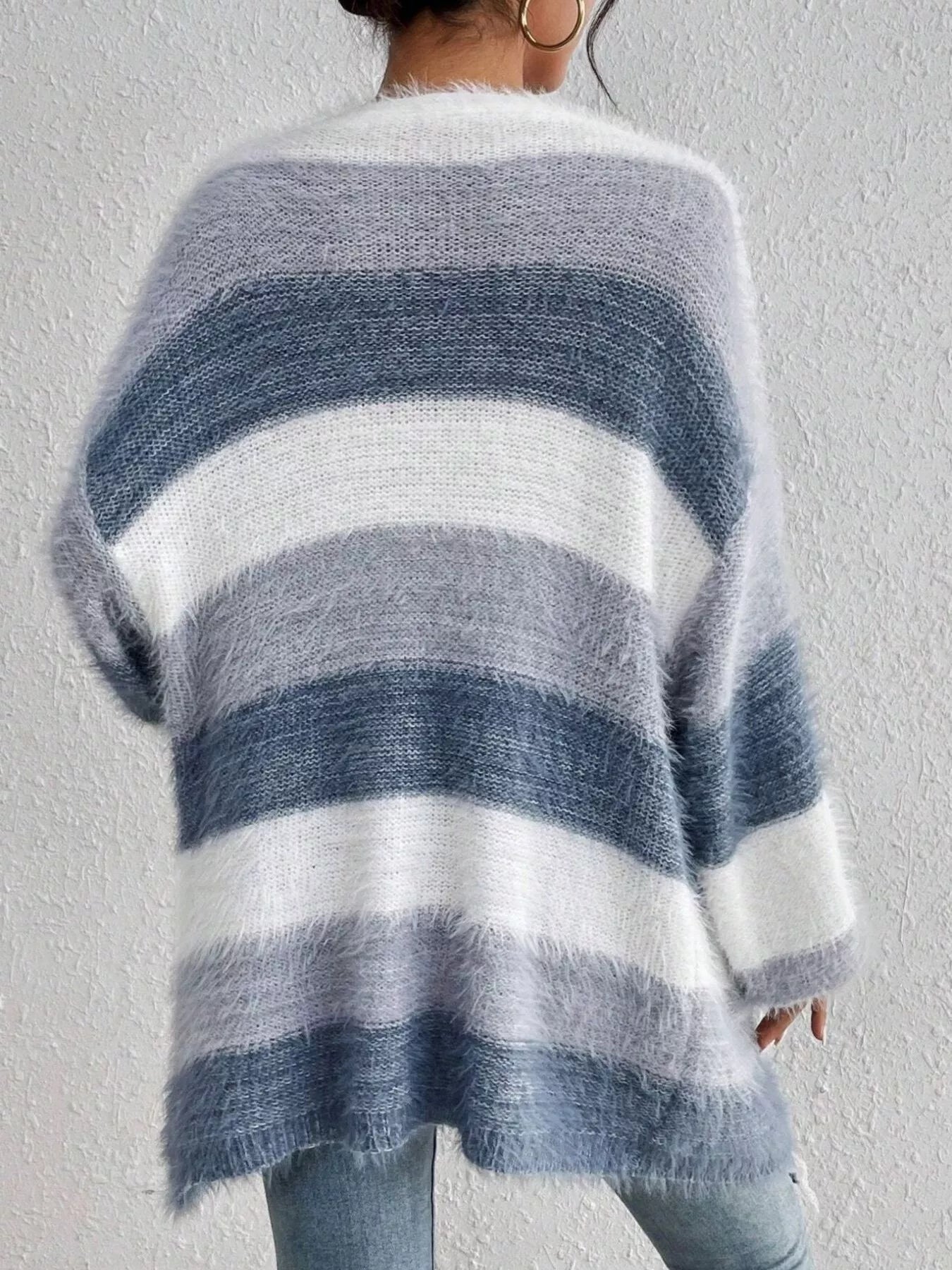 Striped Fuzzy Knit Open Front Cardigan