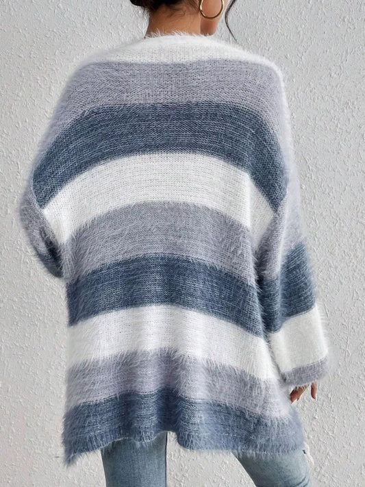 Striped Fuzzy Knit Open Front Cardigan