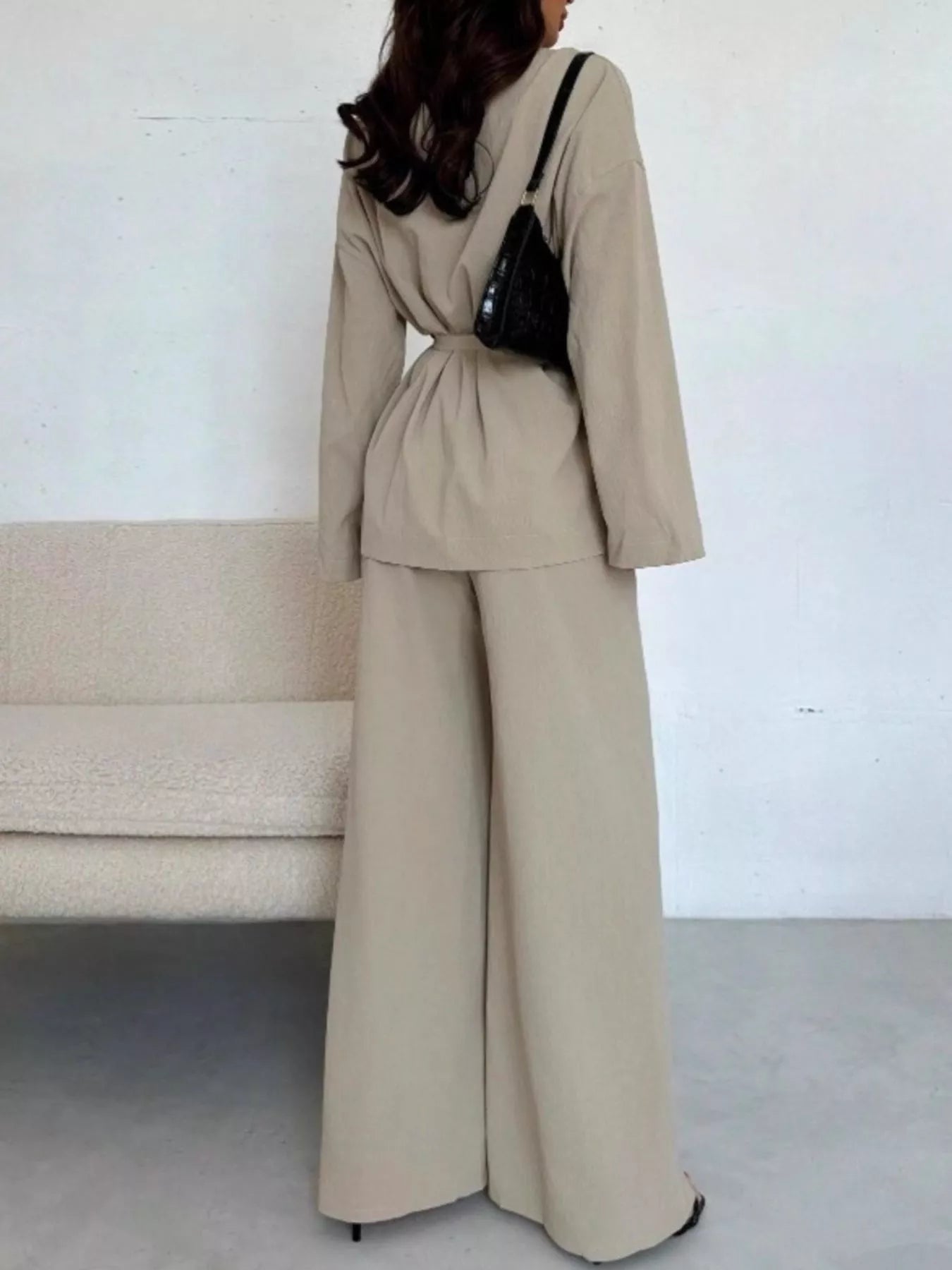 Front Tied Shirt and Wide-Leg Pants Set