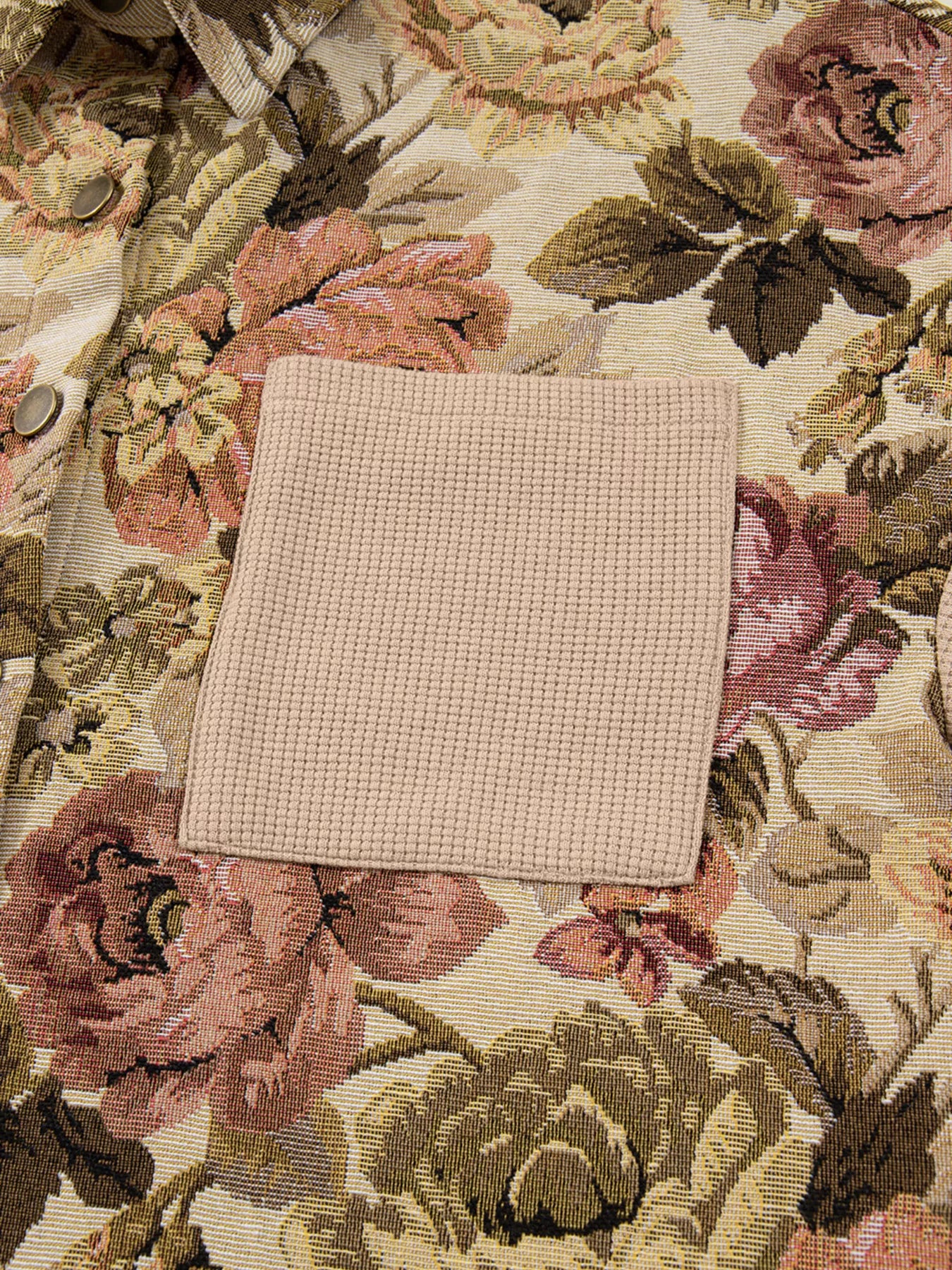 Floral Waffle Knit Patchwork Chest Pockets Buttoned Jacket