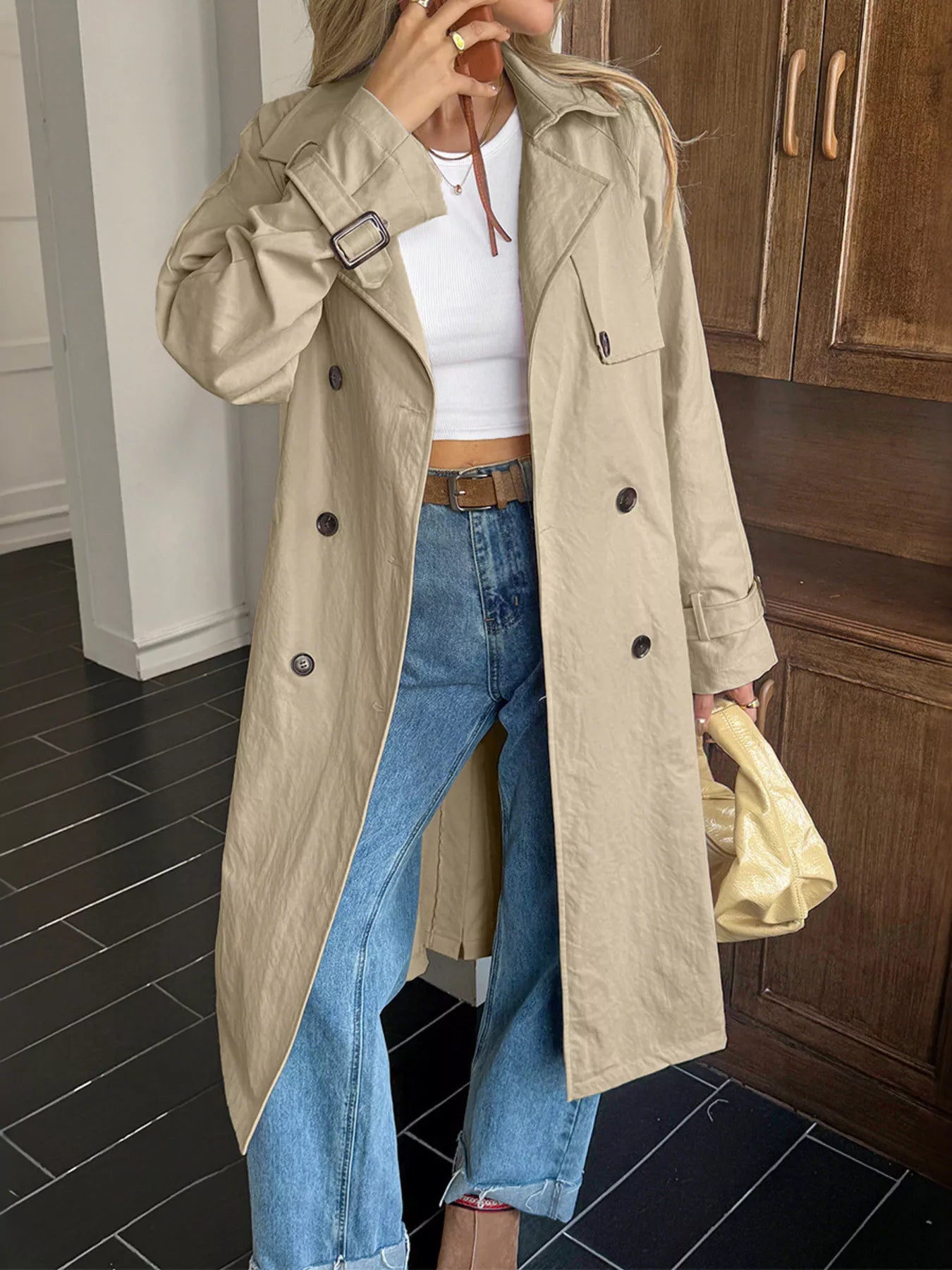 Double-Breasted Belted Trench Coat Khaki