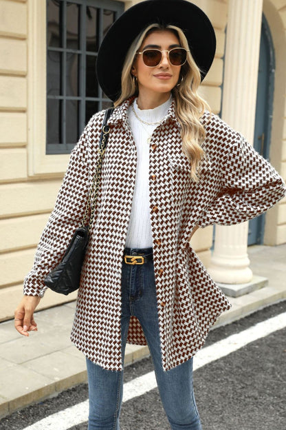 Houndstooth Button Up Dropped Shoulder Coat Brown