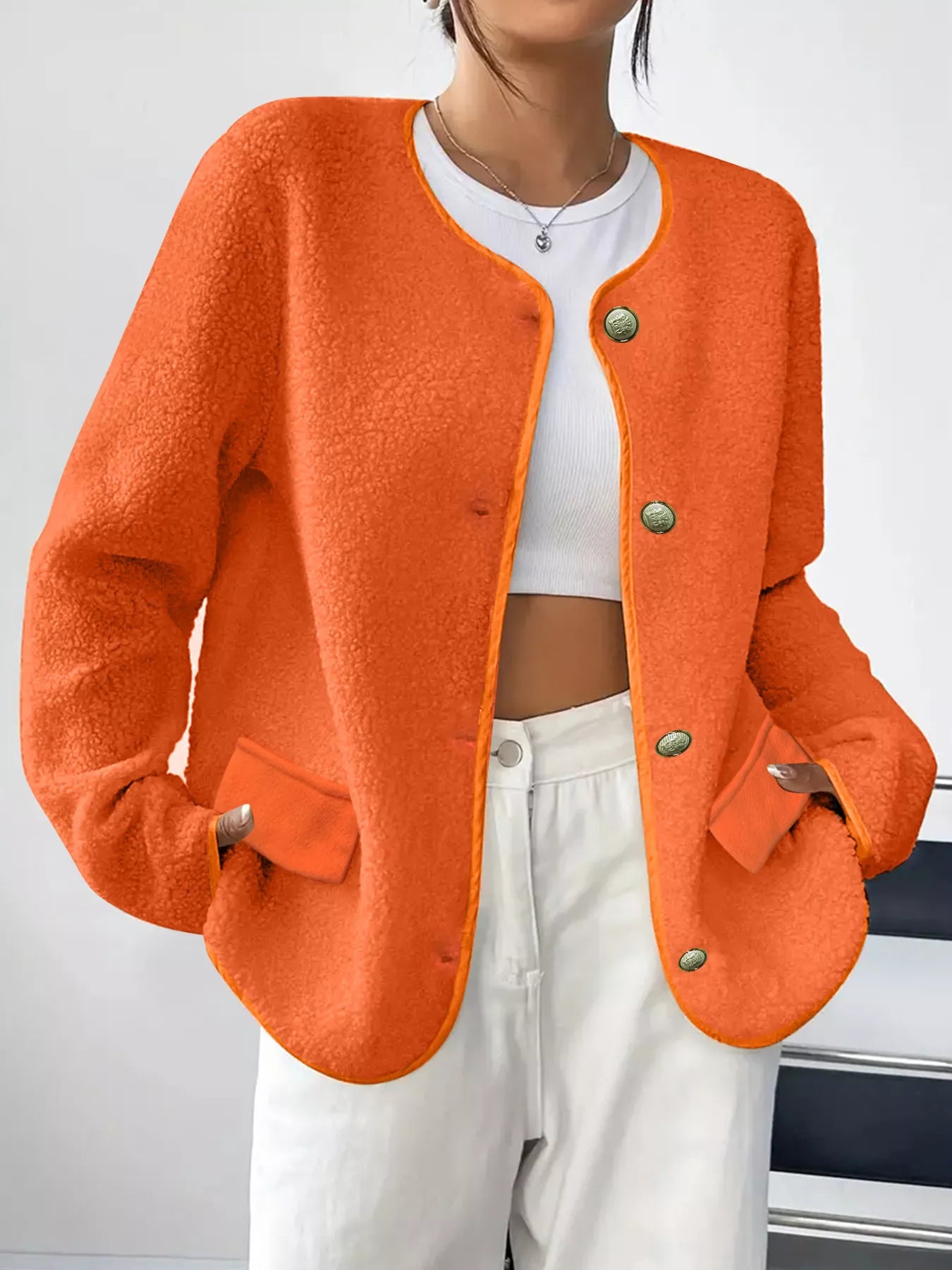 Full Size Textured Button-Up Fleece Outerwear Plus Size Orange