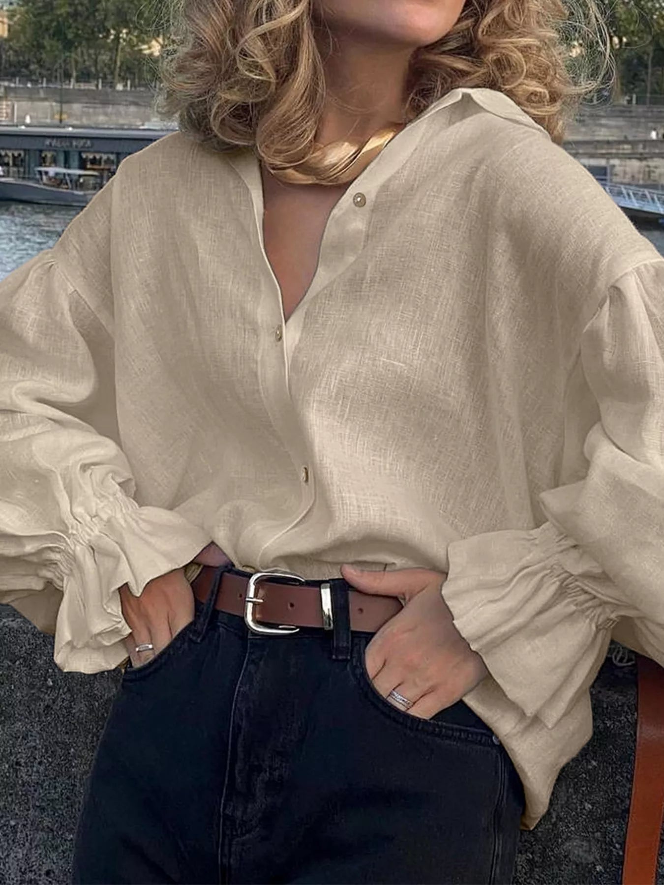 Button-Down Flounce Sleeve Shirt