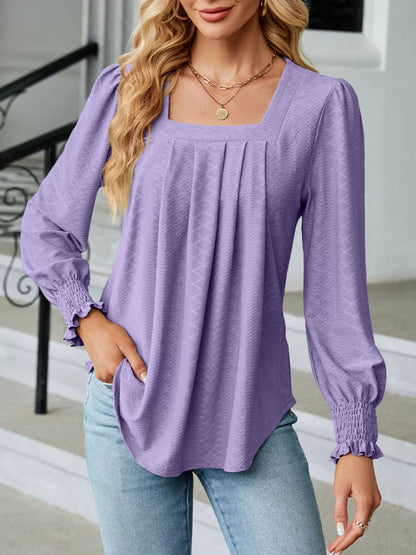 Pleated Square Neck Long Sleeve Top Lavender