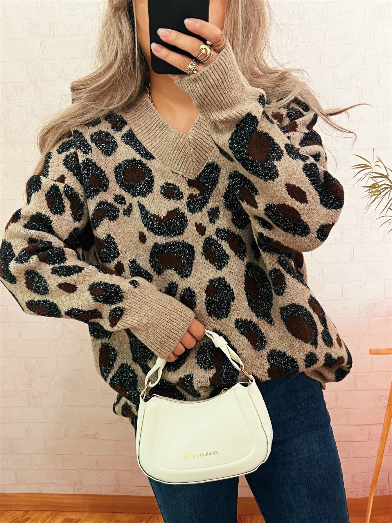 Leopard V-Neck Drop Shoulder Sweater