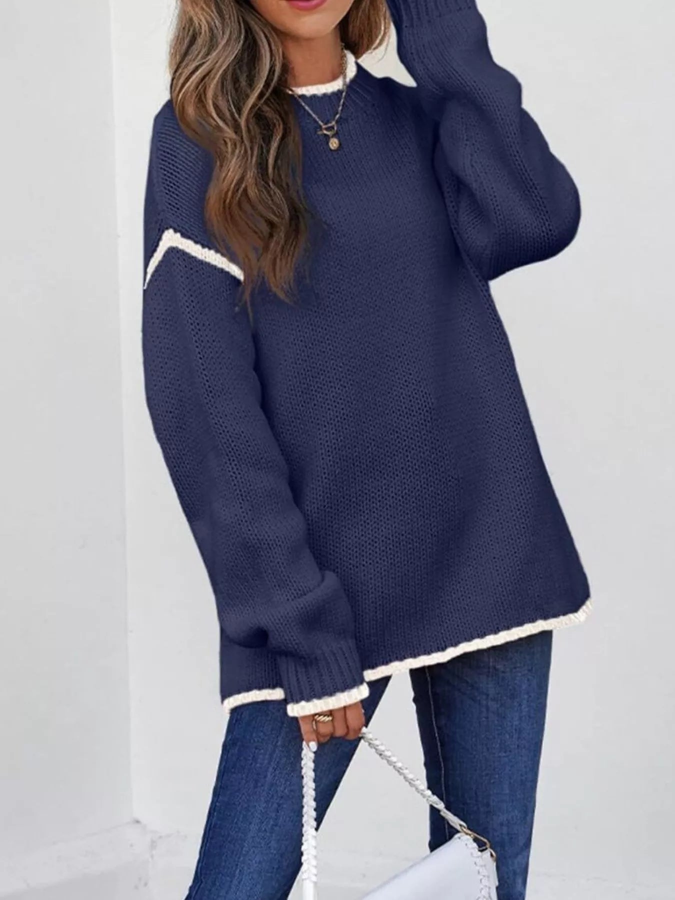 Contrast Trim Long Sleeve Sweater