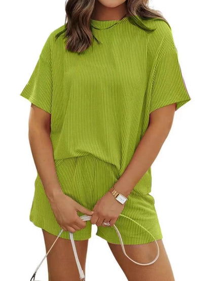 Full Size Ribbed Short Sleeve Top and Shorts Two-Piece Set Plus Size