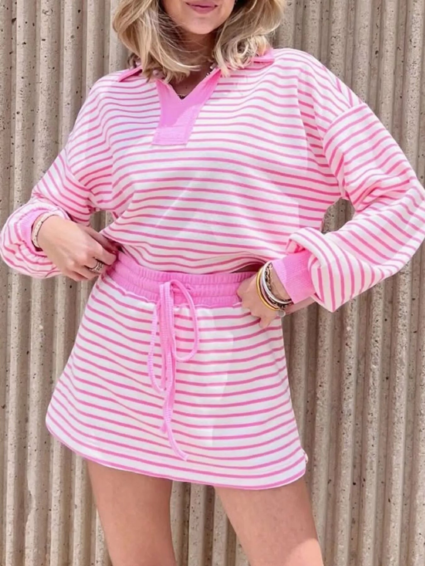 Striped Dropped Shoulder Top and Skirt Set Pink