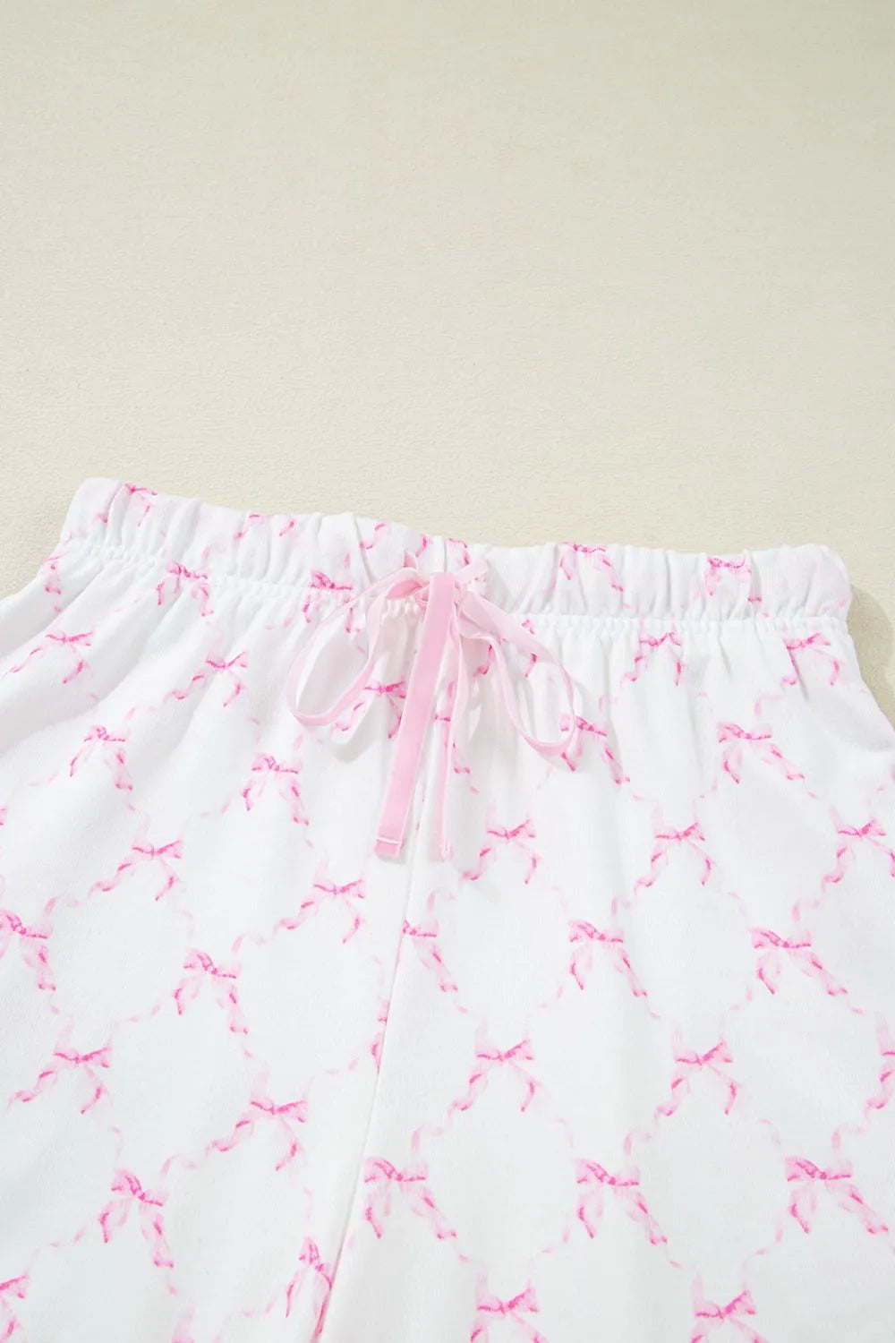 Bow Print Lettuce Trim Round Neck Top and Shorts Lounge Set