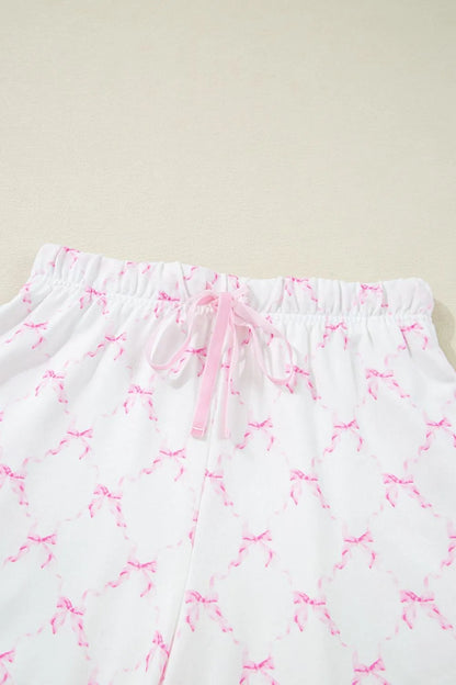 Bow Print Lettuce Trim Round Neck Top and Shorts Lounge Set