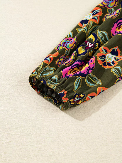 Floral Print Split Neck Bubble Sleeve Shift Mini Dress