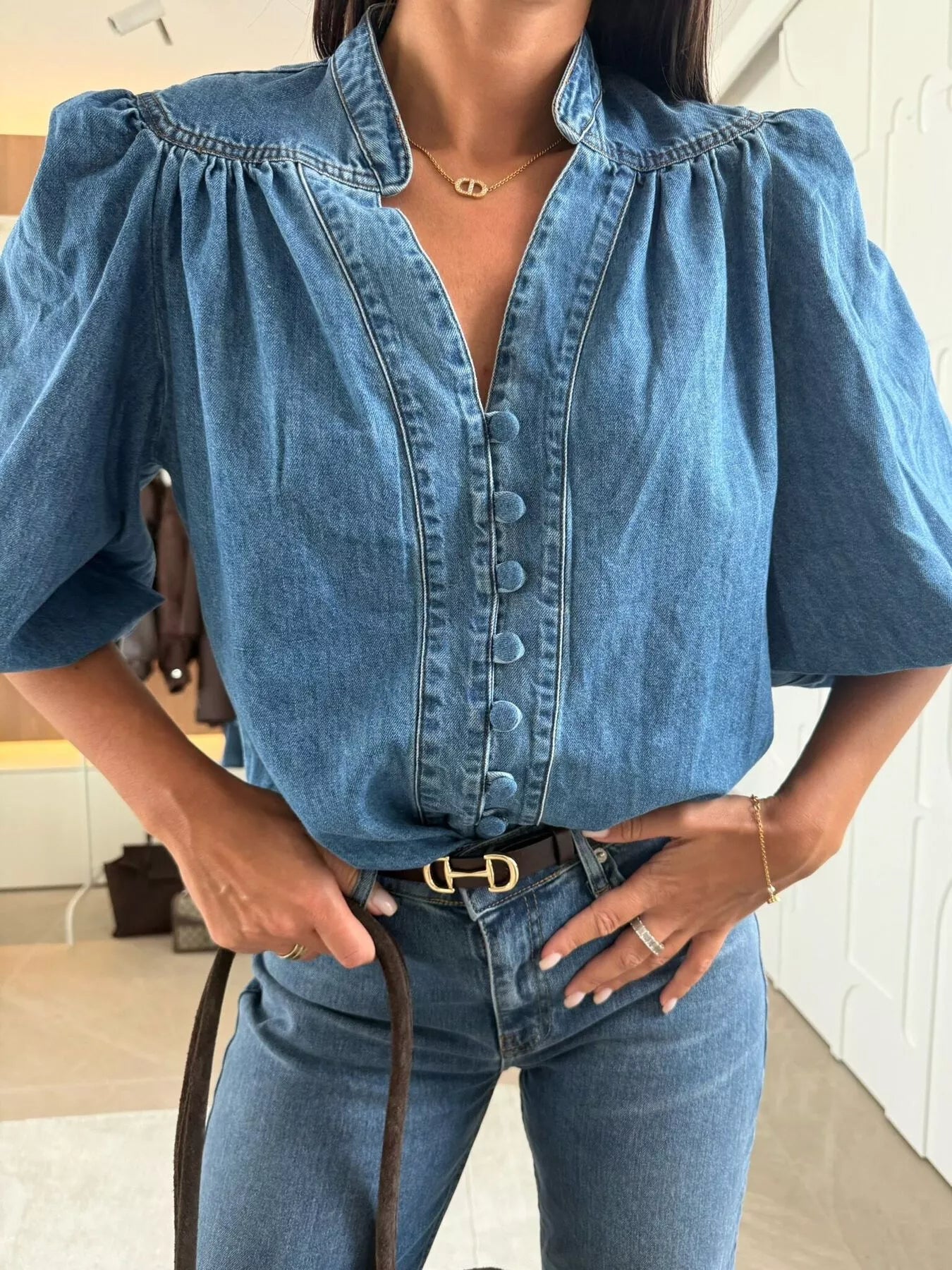 Button-Down Puff Sleeve Denim Top Dark Blue