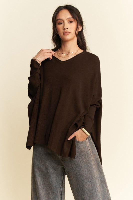 Back To School Sweater - Davi & Dani High-Low Side Slit Batwing Sleeve Top Chocolate