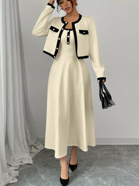 Contrast Trim Maxi Dress and Cropped Cardigan Set Cream
