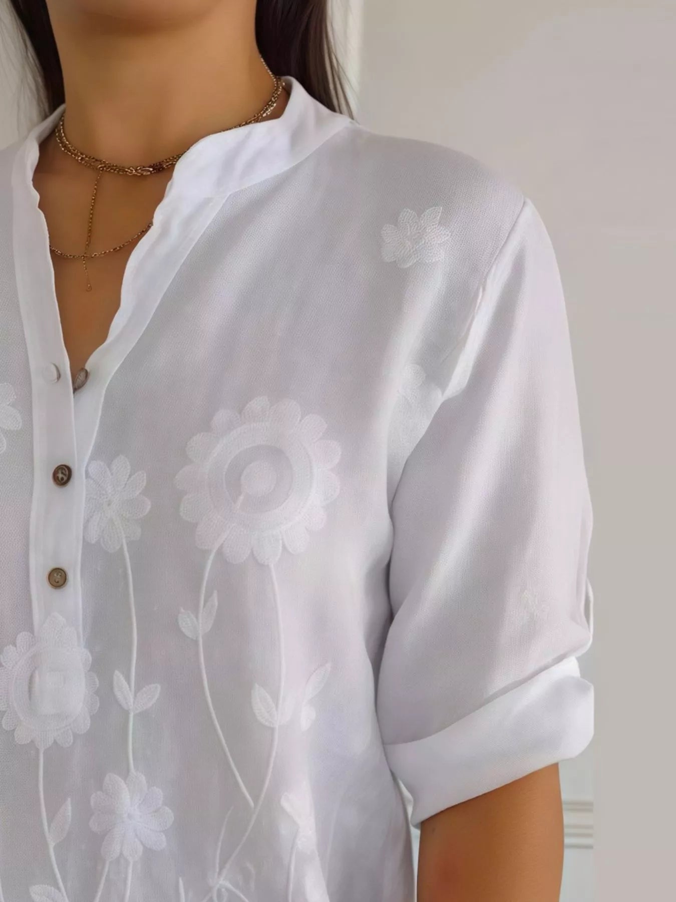 Full Size Floral Embroidered Button Detail Blouse Plus Size