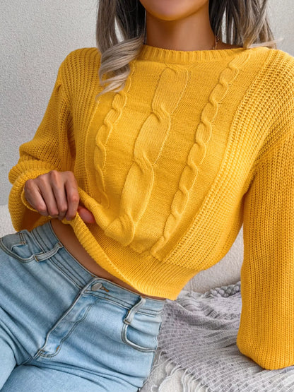 Cable Knit Round Neck Cropped Sweater Gold