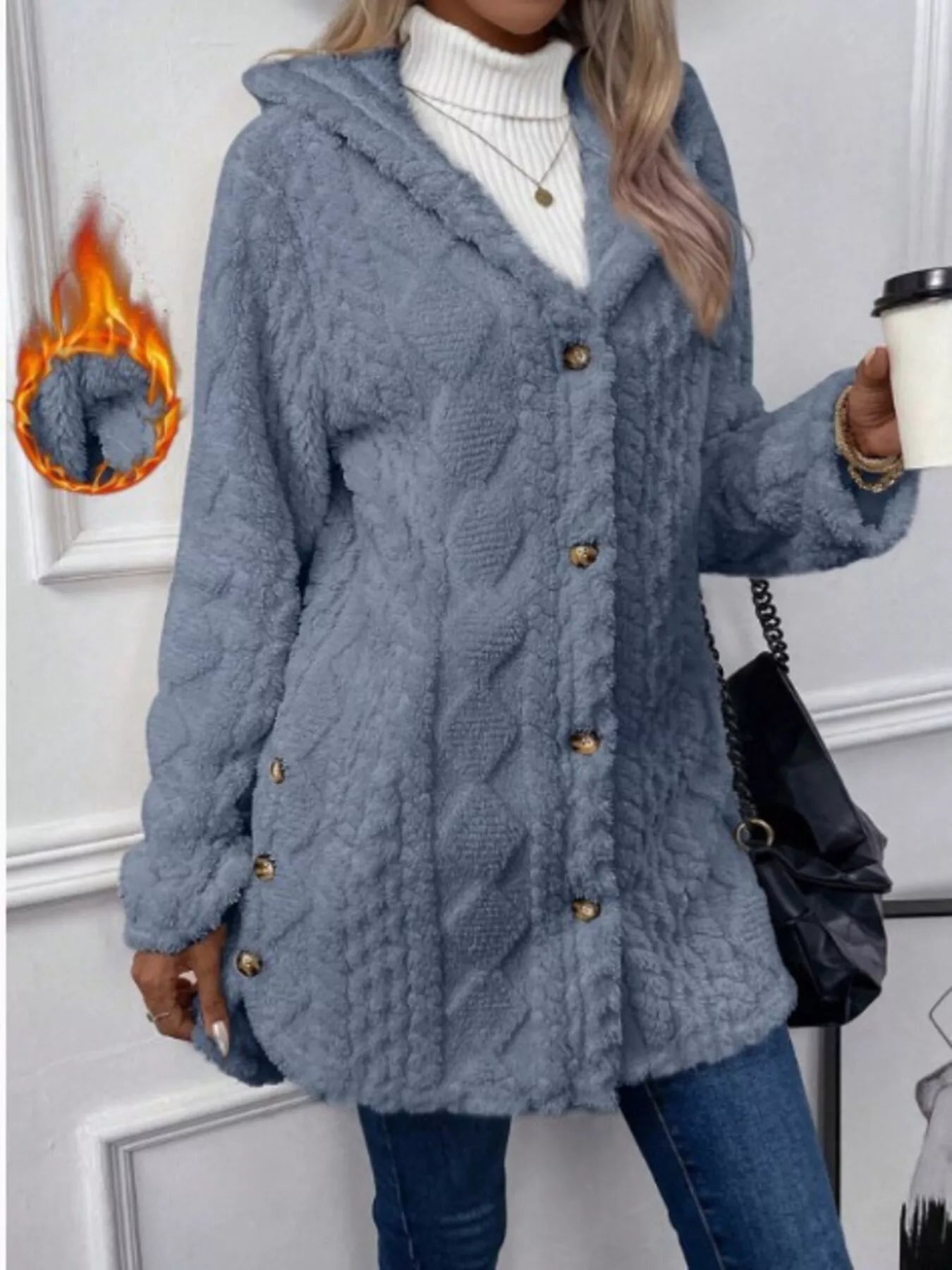 Full Size Button-Down Hooded Outerwear Plus Size Blue