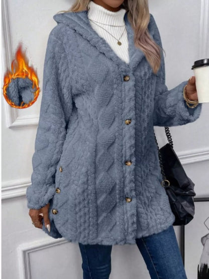 Full Size Button-Down Hooded Outerwear Plus Size Blue