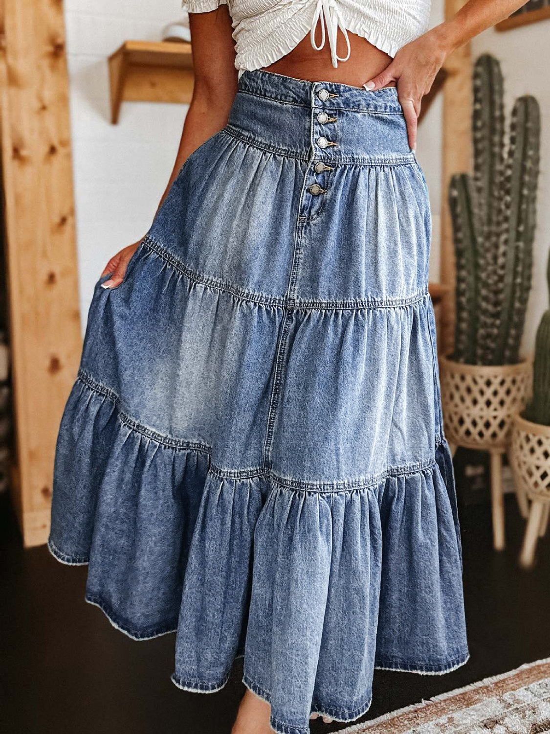 Tiered Button-Fly Denim Skirt Medium