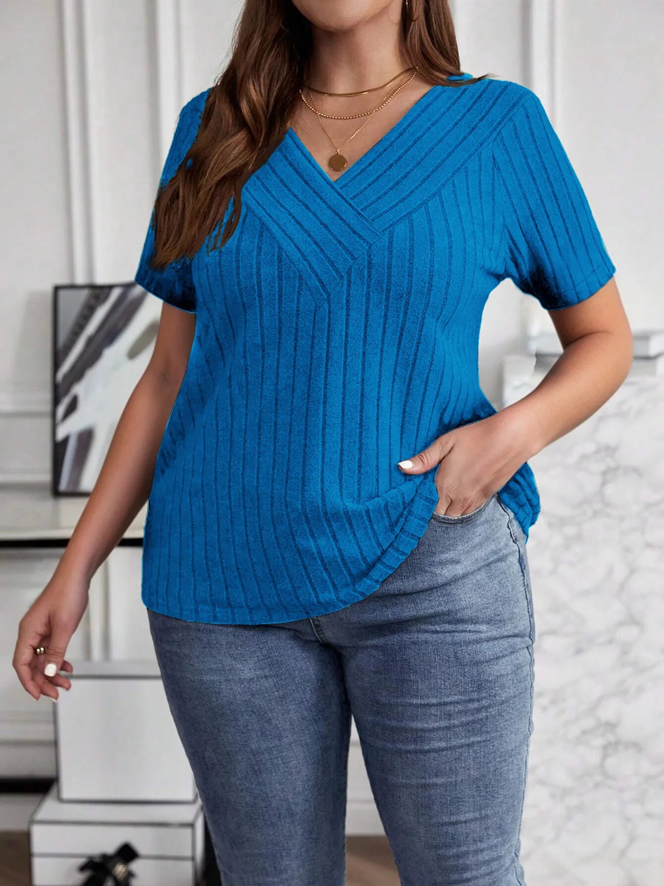 Plus Size V-Neck Short Sleeve Ribbed T-Shirt