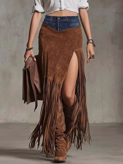 Denim Patchwork Fringe Maxi Skirt Brown