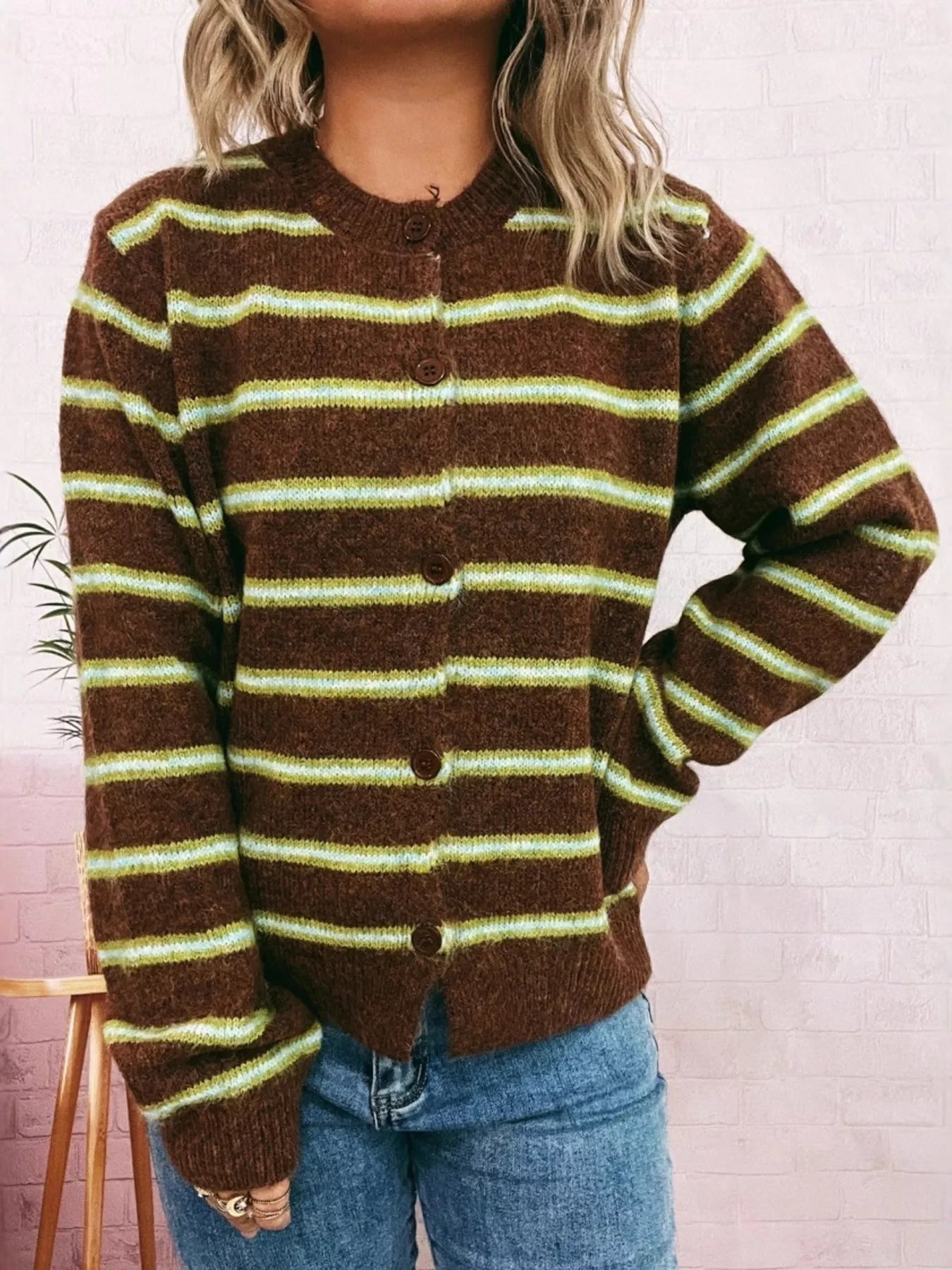 Striped Button-Up Long Sleeve Cardigan