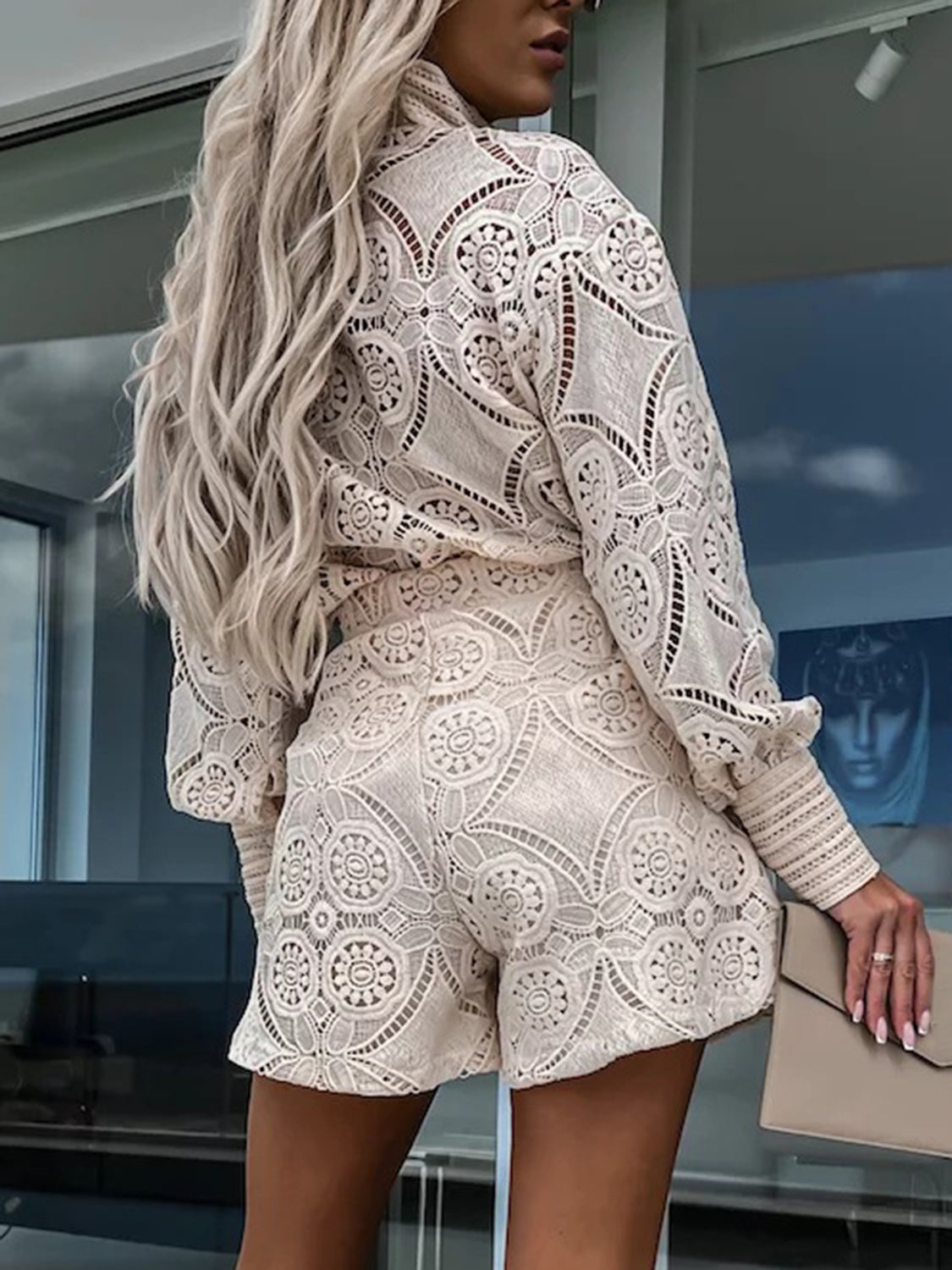 Lace Button Detail Long Sleeve Top and Shorts Set